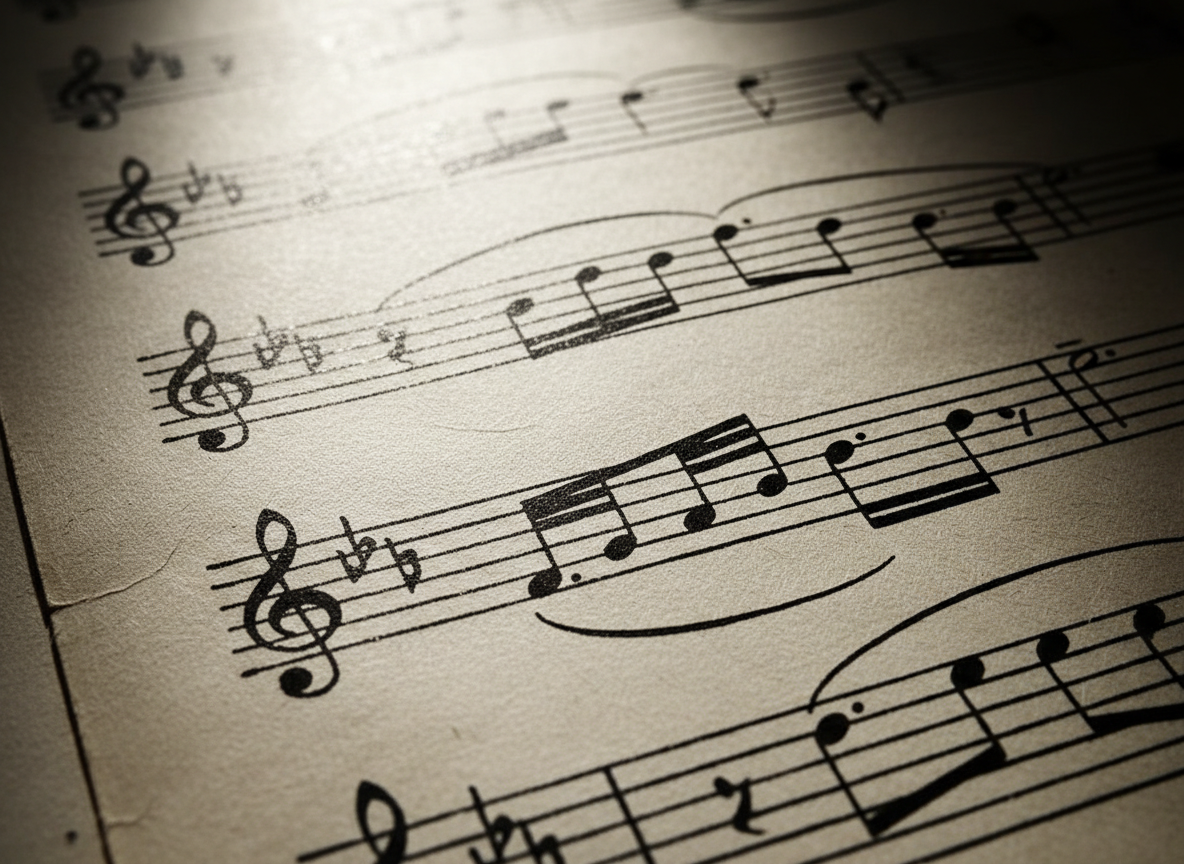 Artistic close-up of a handwritten musical score with ink notes on aged off-white paper, dramatic side lighting, deep shadows, elegant