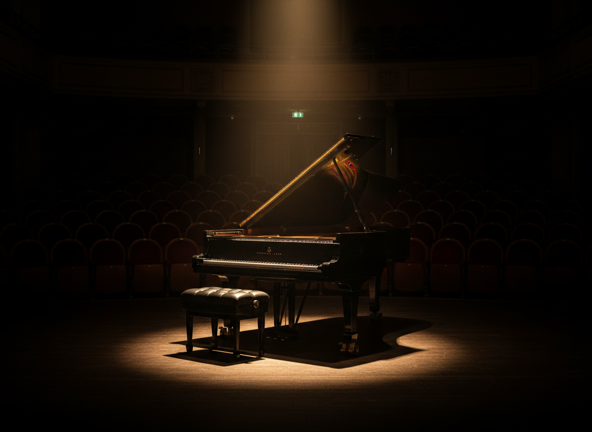 Dramatic moody fine-art photograph of a grand piano in a dark concert hall, single warm golden spotlight from above, deep shadows, rich blacks, cinematic, elegant, gallery aesthetic, no people, atmospheric