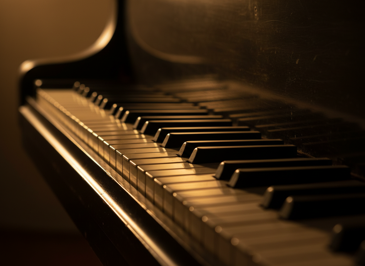 Close-up abstract fine-art photo of grand piano keys in dramatic low warm light, deep charcoal tones, gold reflections, moody